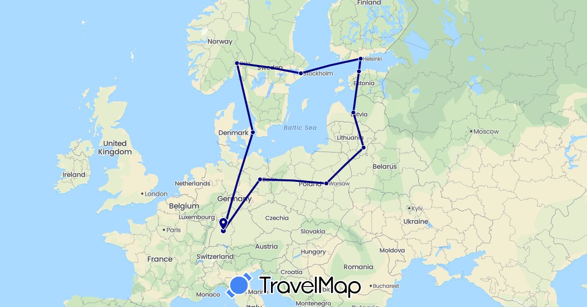 TravelMap itinerary: driving in Germany, Denmark, Estonia, Finland, Lithuania, Latvia, Norway, Poland, Sweden (Europe)